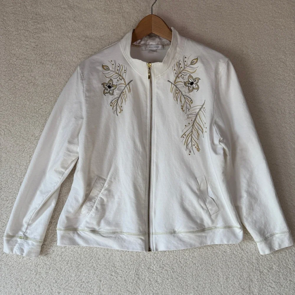Erin London Womens Zip‎ Up Top Embroidered Satin Embellishments Cotton Casual